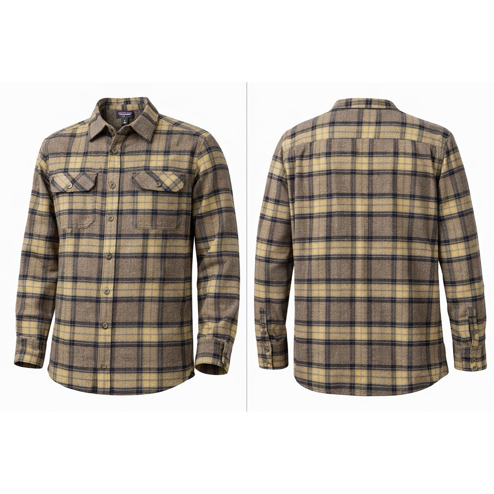 Patagonia Mens L Fjord Flannel Shirt BRN NAVY Plaid Organic Cotton FLAP POCKETS